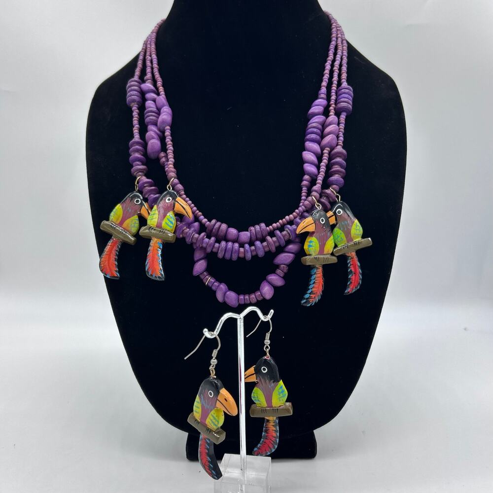 Vintage Parrot Necklace Earrings Set Tropical Bird Wood Beaded Costume Jewelry